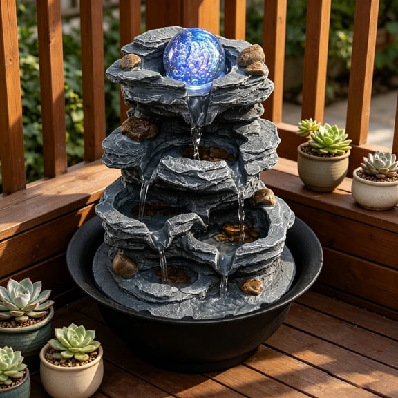 DRAZUNO Tabletop Water Fountain w/Rolling Crystal Ball, Color-Changing LED Light, Pump