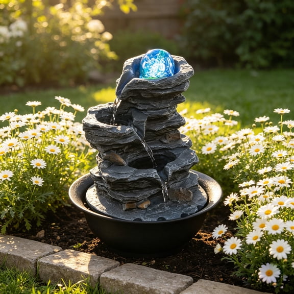 DRAZUNO Tabletop Water Fountain w/Rolling Crystal Ball, Color-Changing LED Light, Pump