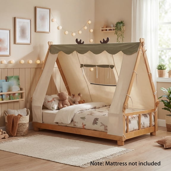 DRAZUNO Twin Size House Floor Bed with Tent,Wood Bed Frame w/ Roof, Window & Fence Rails