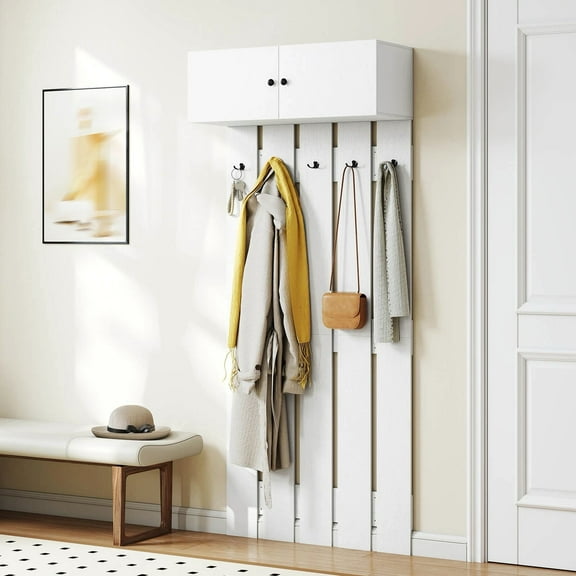 DRAZUNO Wall Mounted Entryway Wall Coat Rack w/ 5 Double Hooks & 2-Door Cabinet Hallway