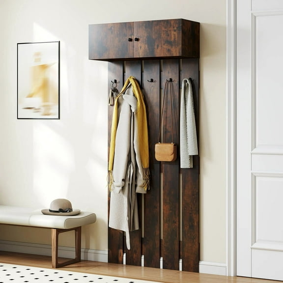 DRAZUNO Wall Mounted Entryway Wall Coat Rack w/ 5 Double Hooks & 2-Door Cabinet Hallway