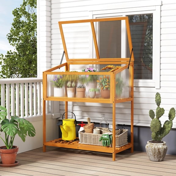 DRAZUNO Wood Cold Frame Greenhouse w/Transparent Openable Roof & Slatted Storage Shelf