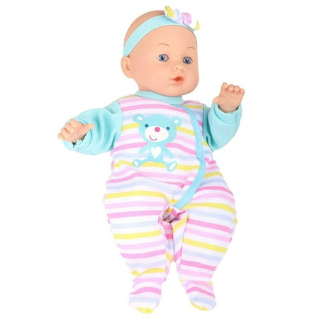 Dream Collection: 14" Chatter & Coo Baby Doll - Blue - Bear & Stripes Onesie - Talking Doll Makes 5 Different Noises & Sounds, Soft Body, Kids 2+