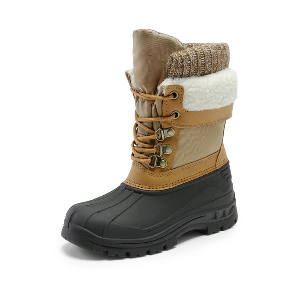 DREAM PAIRS Boys Girls Snow Boots Outdoor Slip-on Resistant Insulated Waterproof Kids Mid Calf Winter Snow Boots Brown Size 13
