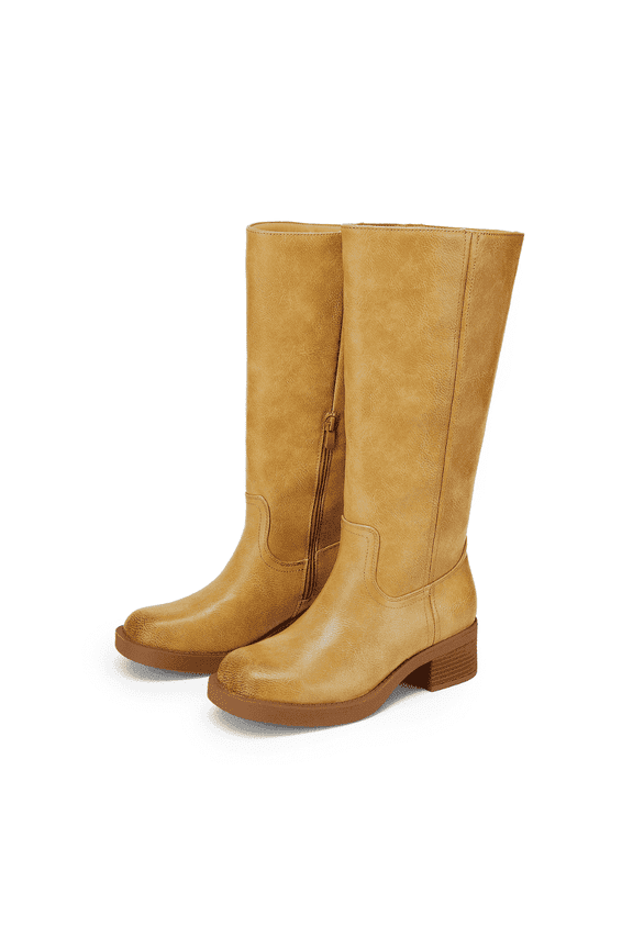 Womens Knee High Boots Comfortable Platform Chunky Block Heel Banana Campus Boots Square Toe