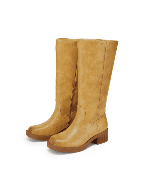 Womens Knee High Boots Comfortable Platform Chunky Block Heel Banana Campus Boots Square Toe