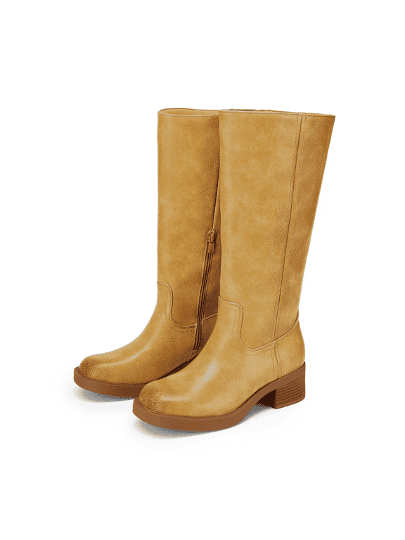 Womens Knee High Boots Comfortable Platform Chunky Block Heel Banana Campus Boots Square Toe