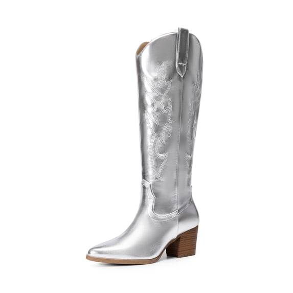 DREAM PAIRS Cowboy Boots for Women Cowgirl Knee High Boots Comfortable Pull On Zipper Chunky Heel Pointed Toe Embroidered Western Boots