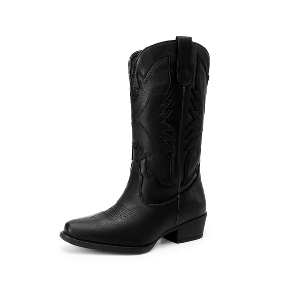 DREAM PAIRS Cowboy Boots for Women Cowgirl Western Mid Calf Boots Snip Toe Embroidered Stitched Low Chunky Heel Pull On Fashion Boots