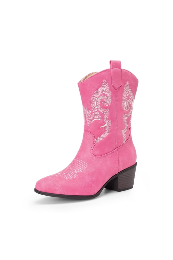Cowboy Boots for Women, Mid Calf Cowgirl Boots with Embroidery Round Toe Western Chunky Low Heel Shoes