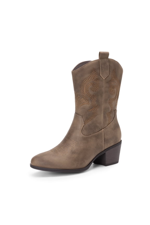 Cowboy Boots for Women, Mid Calf Cowgirl Boots with Embroidery Round Toe Western Chunky Low Heel Shoes