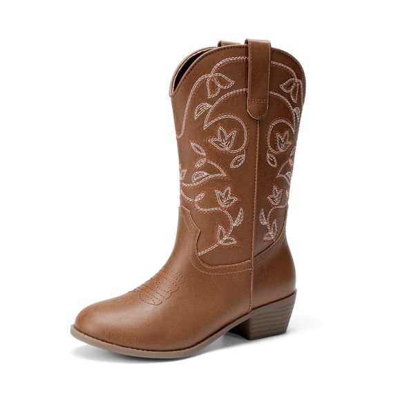 DREAM PAIRS Girls' Cowboy Boots Western Cowgirl Boots with Floral Embroidery Mid-Calf Round Toe Boots Side Zipper