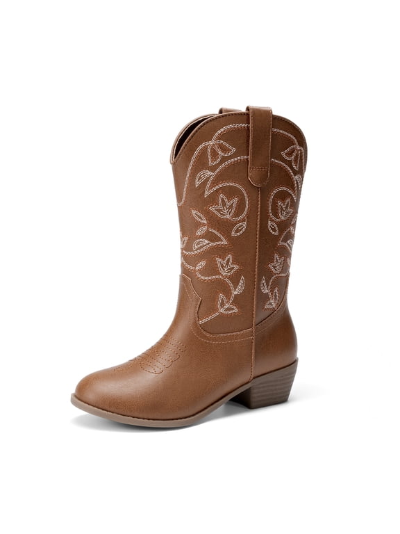 Girls' Cowboy Boots Western Cowgirl Boots with Floral Embroidery Mid-Calf Round Toe Boots Side Zipper
