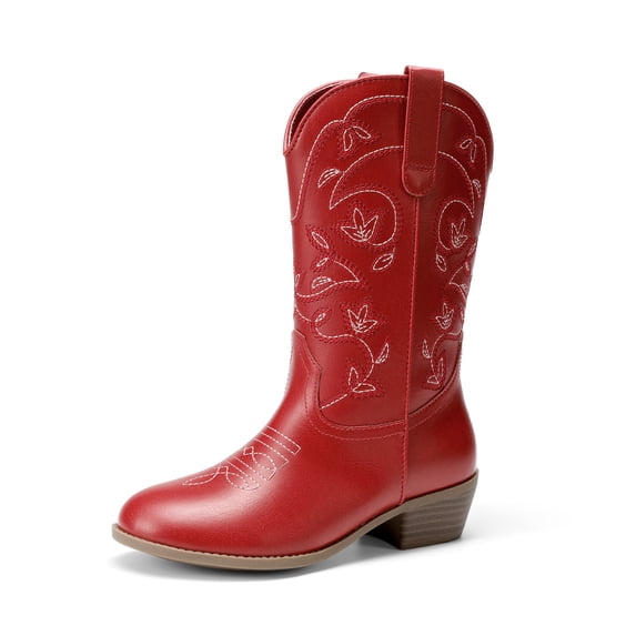 DREAM PAIRS Girls' Cowboy Boots Western Cowgirl Boots with Floral Embroidery Mid-Calf Round Toe Boots Side Zipper