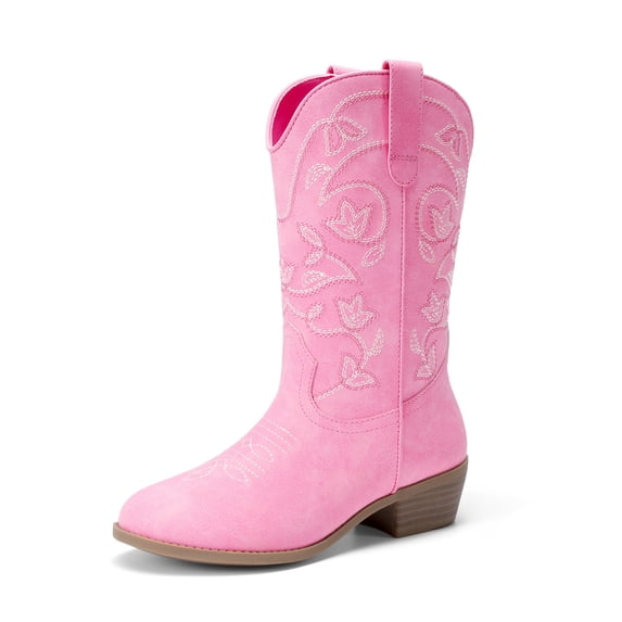 DREAM PAIRS Girls' Cowboy Boots Western Cowgirl Boots with Floral Embroidery Mid-Calf Round Toe Boots Side Zipper