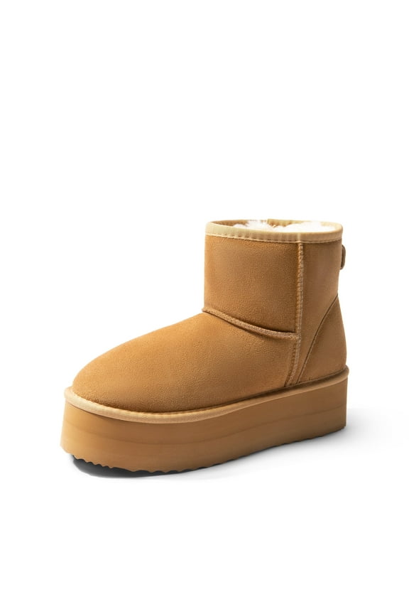 Genuine Suede Classic Platform Boots for Women Water Resistant FuzzyClassic Ankle Winter Snow Low Boots with DIY Bows Faux Fur Lining Memory Foam Anti-Slip