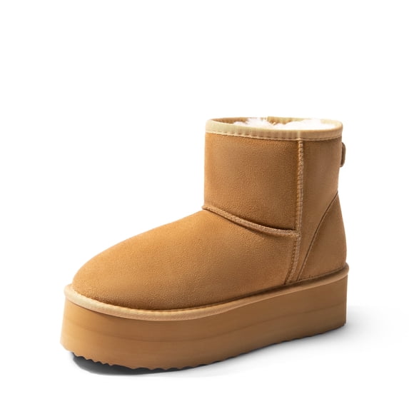 DREAM PAIRS Genuine Suede Classic Platform Boots for Women Water Resistant FuzzyClassic Ankle Winter Snow Low Boots with DIY Bows Faux Fur Lining Memory Foam Anti-Slip