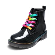 Kids Glitter Ankle Boots Side Zipper Combat Shoes with Lace-Up for Toddler Little Kid & Big Kid