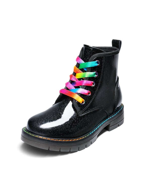 Kids Glitter Ankle Boots Side Zipper Combat Shoes with Lace-Up for Toddler Little Kid & Big Kid