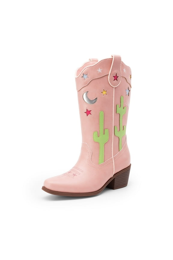 Girls Mid-Calf Cowboy Boots Square Toe Western Boots with Low Heel for Little & Big Kids