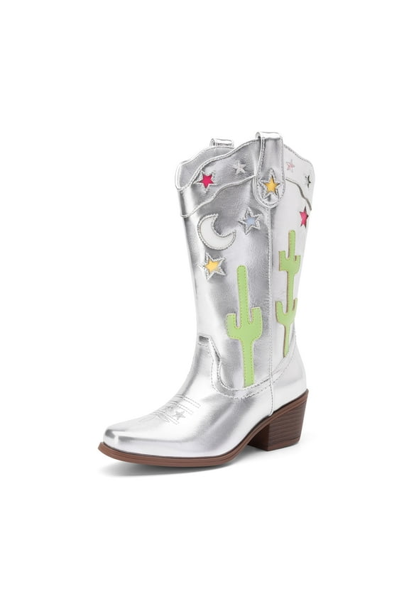 Girls Mid-Calf Cowboy Boots Square Toe Western Boots with Low Heel for Little & Big Kids