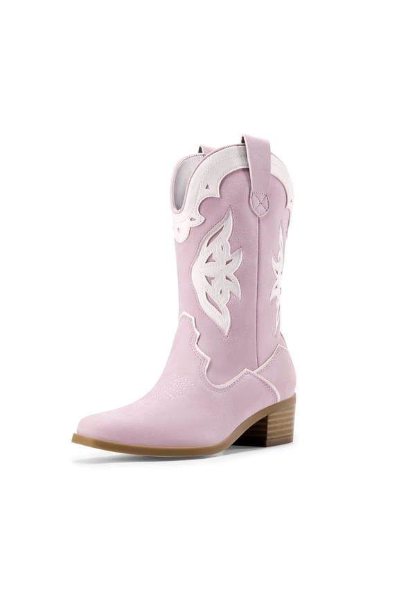 Girls' Western Cowgirl Cowboy Boots Glitter Rainbow Embroidered Mid-Calf Boots