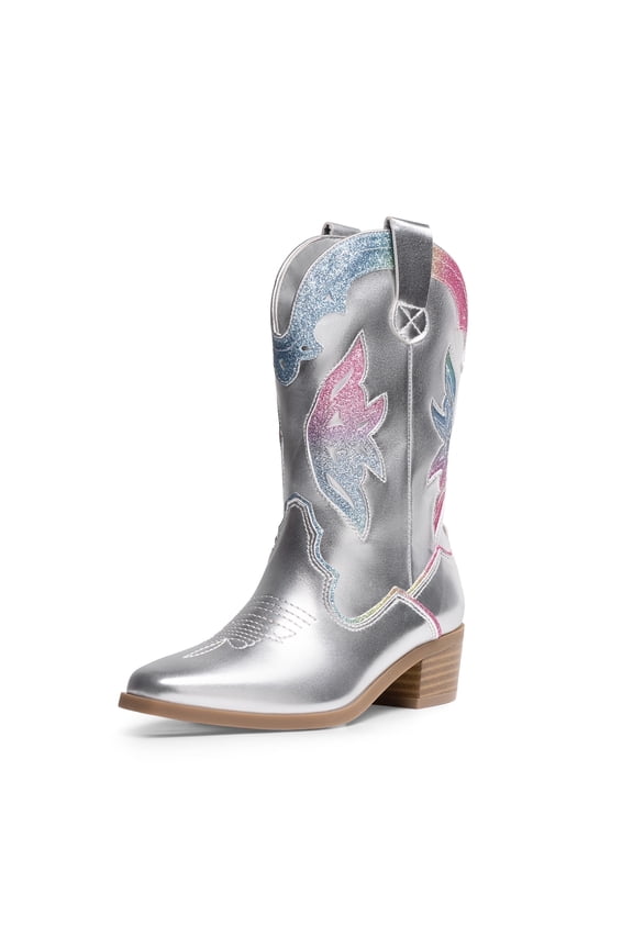 Girls' Western Cowgirl Cowboy Boots Glitter Rainbow Embroidered Mid-Calf Boots