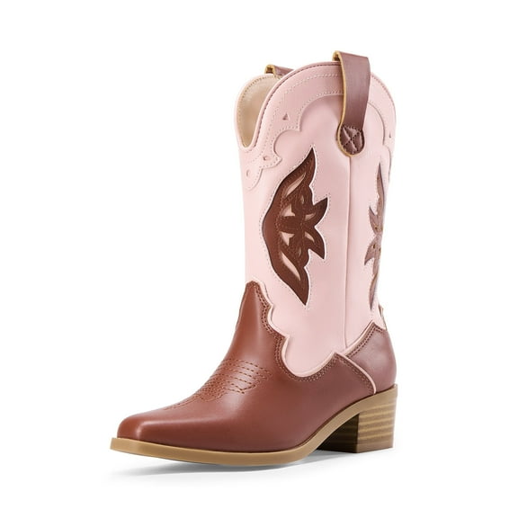 BURUDANI Girls' Western Cowgirl Cowboy Boots Glitter Rainbow Embroidered Mid-Calf Boots