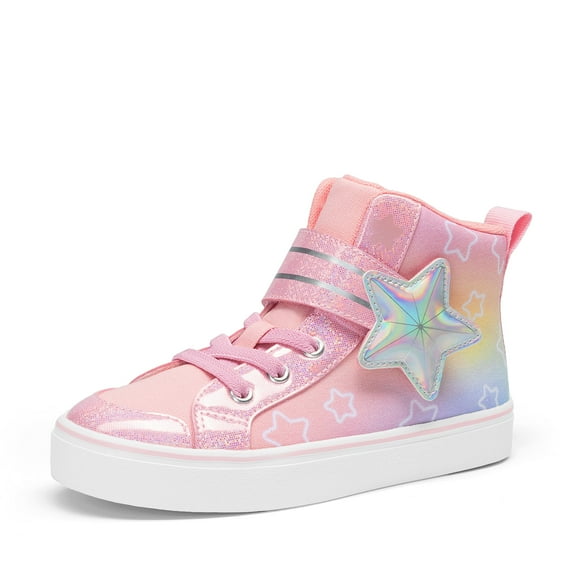 BURUDANI Girls’ Star High-Top Sneakers with Hook and Loop, Sparkly Rainbow Casual Shoes