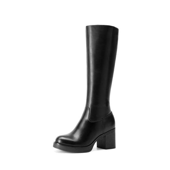 DREAM PAIRS Womens Knee-High Block Heel Boots with Round Toe and Smooth PU Upper