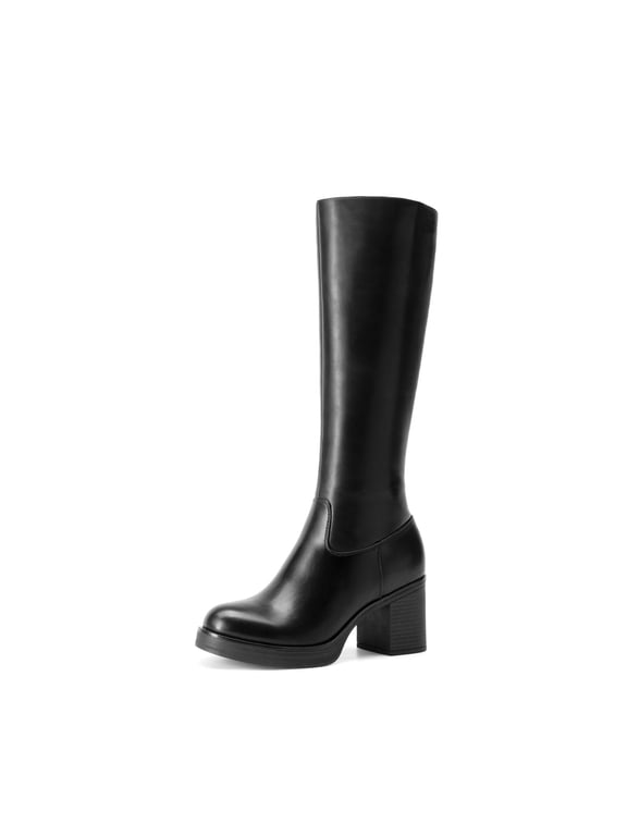 Womens Knee-High Block Heel Boots with Round Toe and Smooth PU Upper