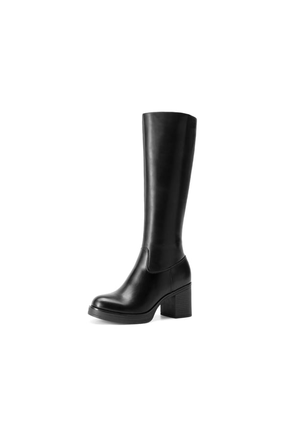 Womens Knee-High Block Heel Boots with Round Toe and Smooth PU Upper