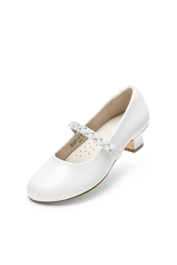 Girls Dress Shoes Low Heels for Little Big Girl Mary Jane Shoes with Pearl Rhinestones Flower Girl Pumps Princess Wedding Party