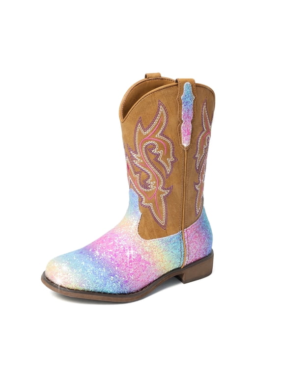 DREAM PAIRS Girls' Glitter Cowgirl Boots, Mid Calf Western Cowboy Boots for Toddler, Little & Big Kids