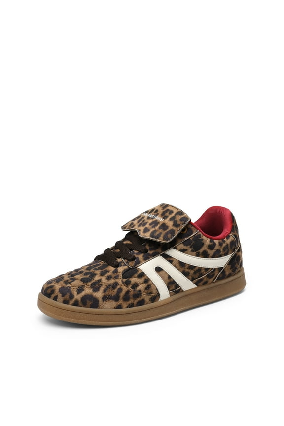 Girls' Leopard Print Sneakers with Hook & Loop Strap and Lace-Up Casual Shoes