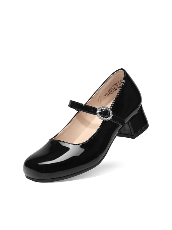 Girls Mary Jane Low Heel Dress Shoes Flower Party Wedding Pumps for Little and Big Kids