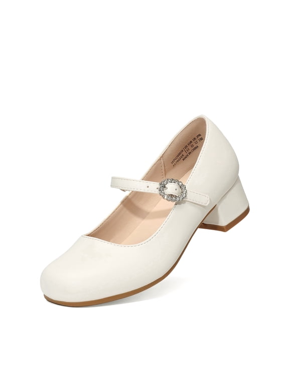 Girls Mary Jane Low Heel Dress Shoes Flower Party Wedding Pumps for Little and Big Kids