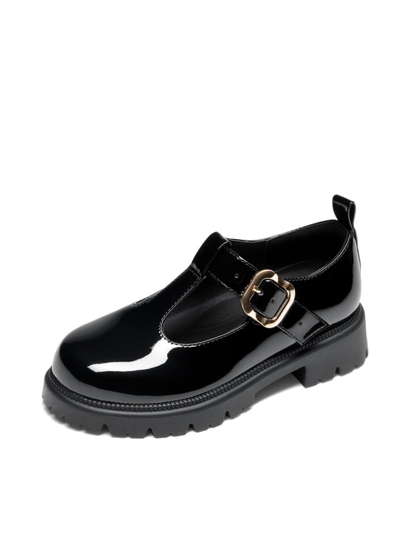 Girls Mary Jane Shoes, Platform School Uniform Dress Shoes with Adjustable Buckle Strap, Chunky Sole T-Strap Casual Flats