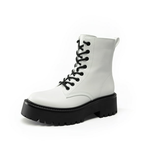 DREAM PAIRS Girls' Mid Calf Combat Boots, Black & White Lace-Up Boots with Side Zipper, Kids Fall Winter Fashion Shoes