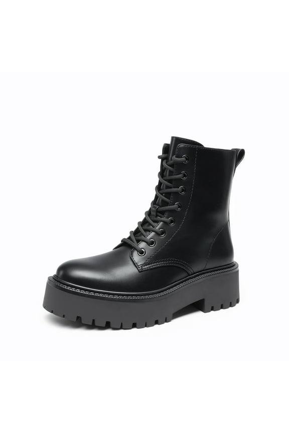 Girls' Mid Calf Combat Boots, Black & White Lace-Up Boots with Side Zipper, Kids Fall Winter Fashion Shoes