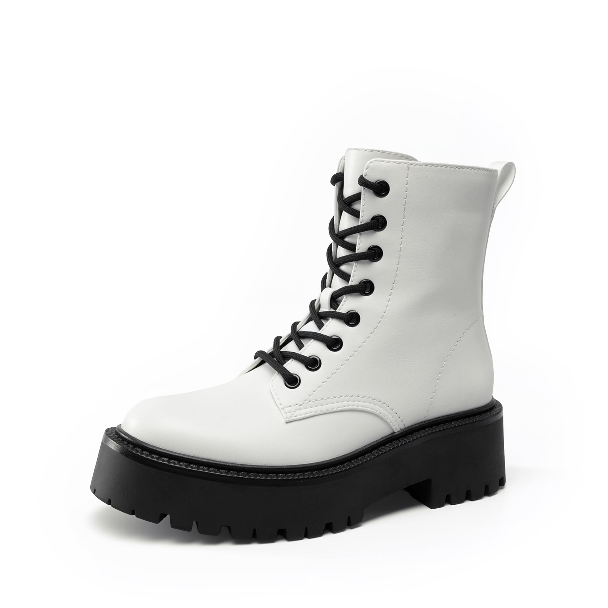DREAM PAIRS Girls' Mid Calf Combat Boots, Black & White Lace-Up