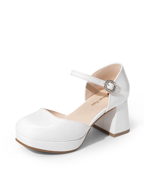 DREAM PAIRS Girls' Platform Mary Jane Pumps Chic Chunky High Heel Dress Shoes with Rhinestone Buckle Comfortable Square Toe Party Shoes for Kids