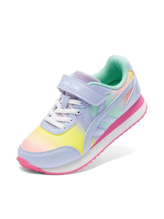 Girls' Tennis Shoes, Lightweight Breathable Running Sneakers with Hook-and-Loop Strap, Cushioned Midsole and Non-Slip Sole for School, Walking and Play