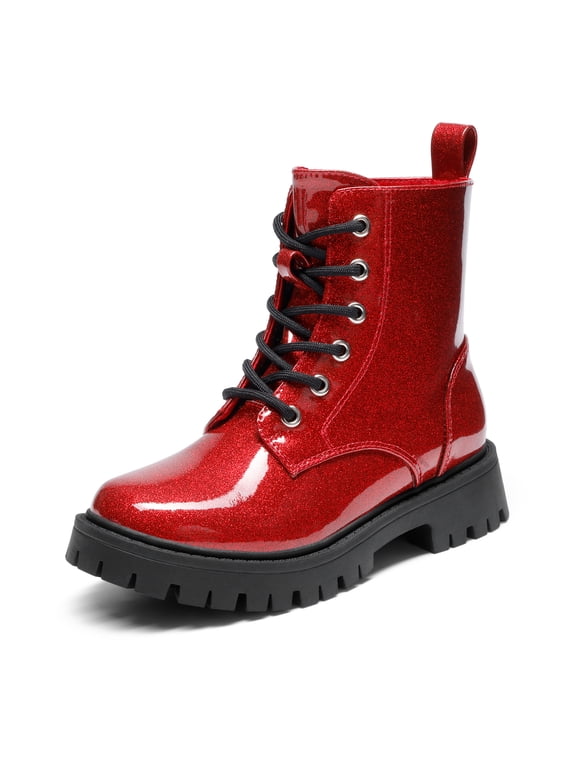 Girls' Combat Ankle Boots, Lace-Up Boots with Side Zipper, Adjustable Fit, Round Toe and Anti-Slip Outsole