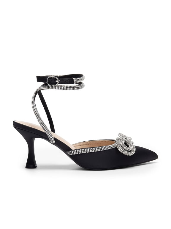 Kitten Heels Rhinestone Bow Ankle Strap Stiletto Pointed Closed Toe Heels for Women Pumps Wedding Bridal Party Dress Shoes