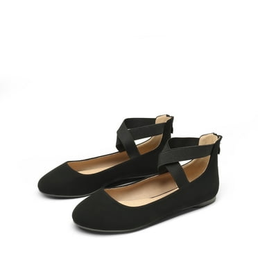 DREAM PAIRS Mary Jane Shoes For Women Ladies Ballet Flats With Elastic Crossed Ankle Strap BLACK-NUBUCK Size 8