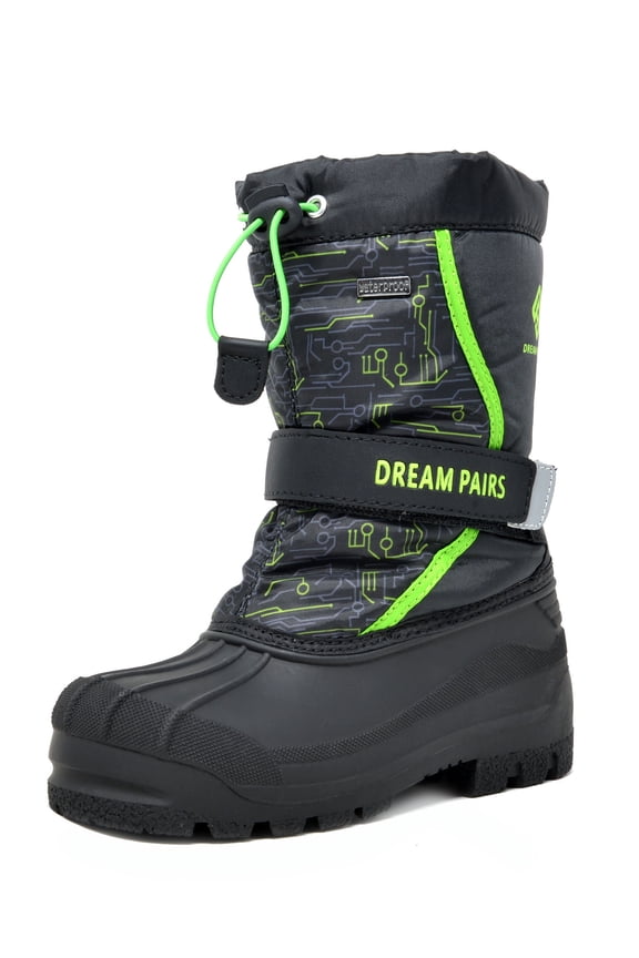 Mid Calf Waterproof Winter Snow Boots Kamick for Big Kid Boys & Girls. color Black/Neon/Green, size 9.