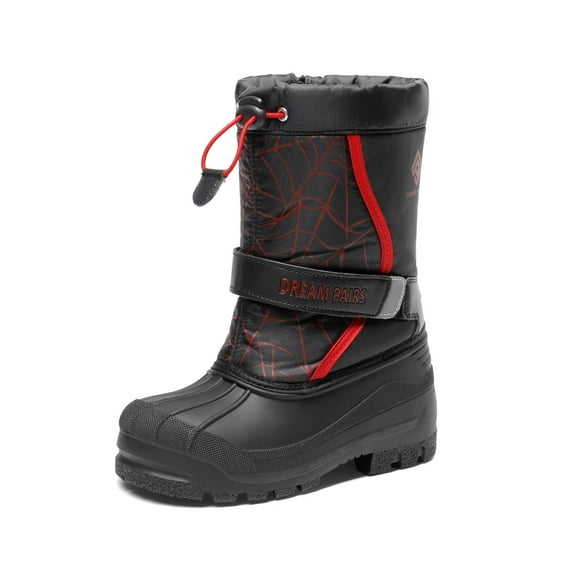DREAM PAIRS Mid Calf Waterproof Winter Snow Boots Kamick for Big Kid Boys & Girls. color Black/Red, size 13.
