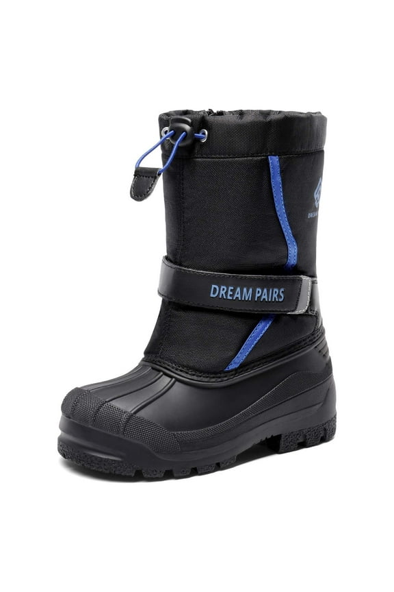 Mid Calf Waterproof Winter Snow Boots Kamick for Big Kid Boys & Girls. color Black/Royal, size 1.