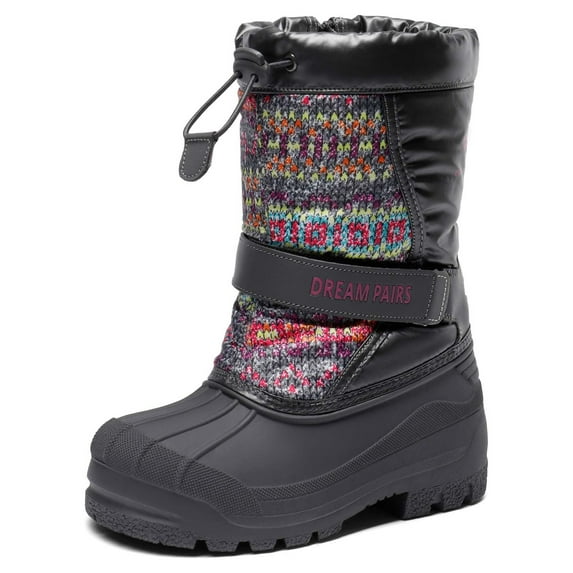 DREAM PAIRS Mid Calf Waterproof Winter Snow Boots Kamick for Big Kid Boys & Girls. color Grey/Multi, size 1.